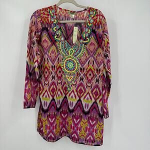 Nouveau Beach Women’s Top Size M Beaded Sheer Tunic Ikat Boho Festival Statement